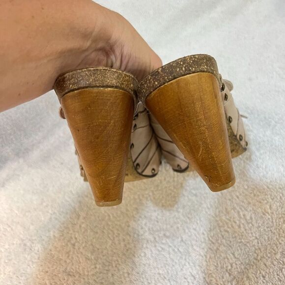 Dune Womens Beige Leather Mules Clogs Heels 41 Cone Heel Buckle Slip On - Picture 6 of 16